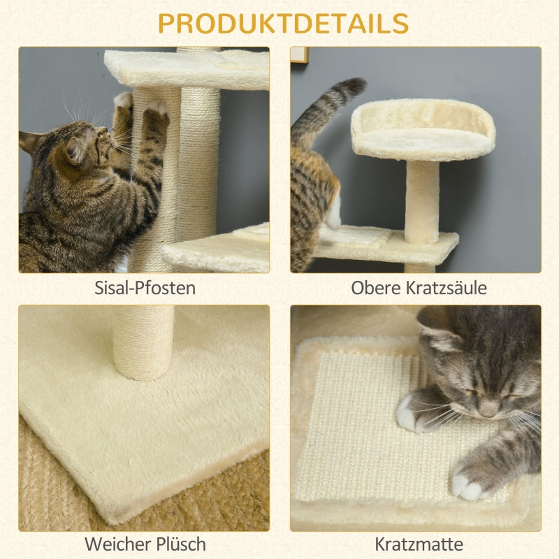 Cat Tree 100 cm, Sisal Posts, Large Platform, Multi-Level, Beige