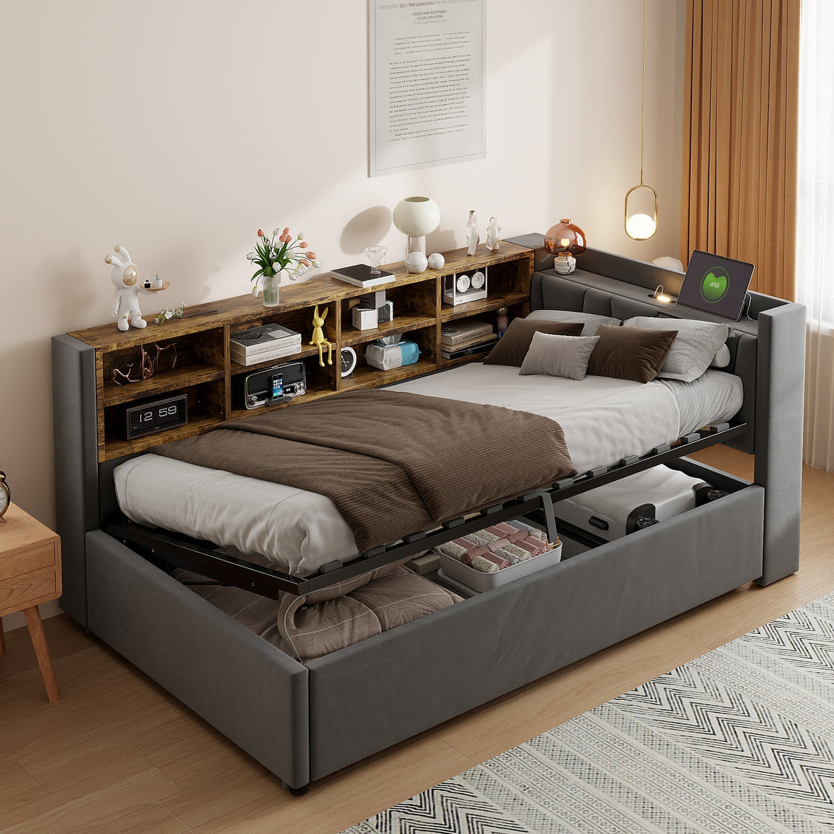 Upholstered Bed/Sofa Bed 90x200cm Multifunctional Hydraulic Storage USB/Type-C Night Light - Dark Grey Velvet