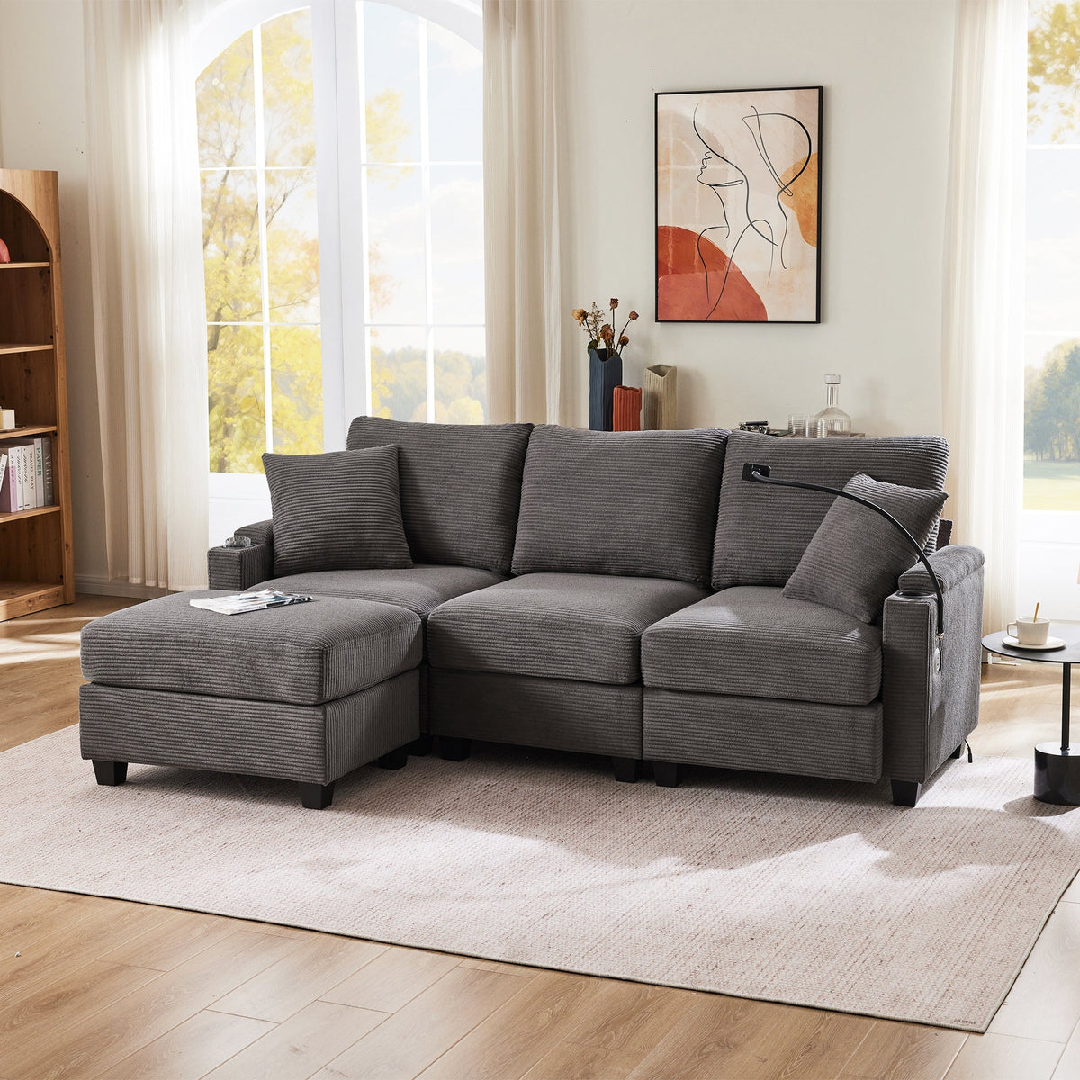 L-shaped Corner Sofa, Convertible 3-Seater with Footstool, Cup Holder, USB Charger, Armrest Storage, Dark Gray