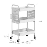 Rolling Cart, 3 Tiers, 2 Hanging Baskets, Steel, White