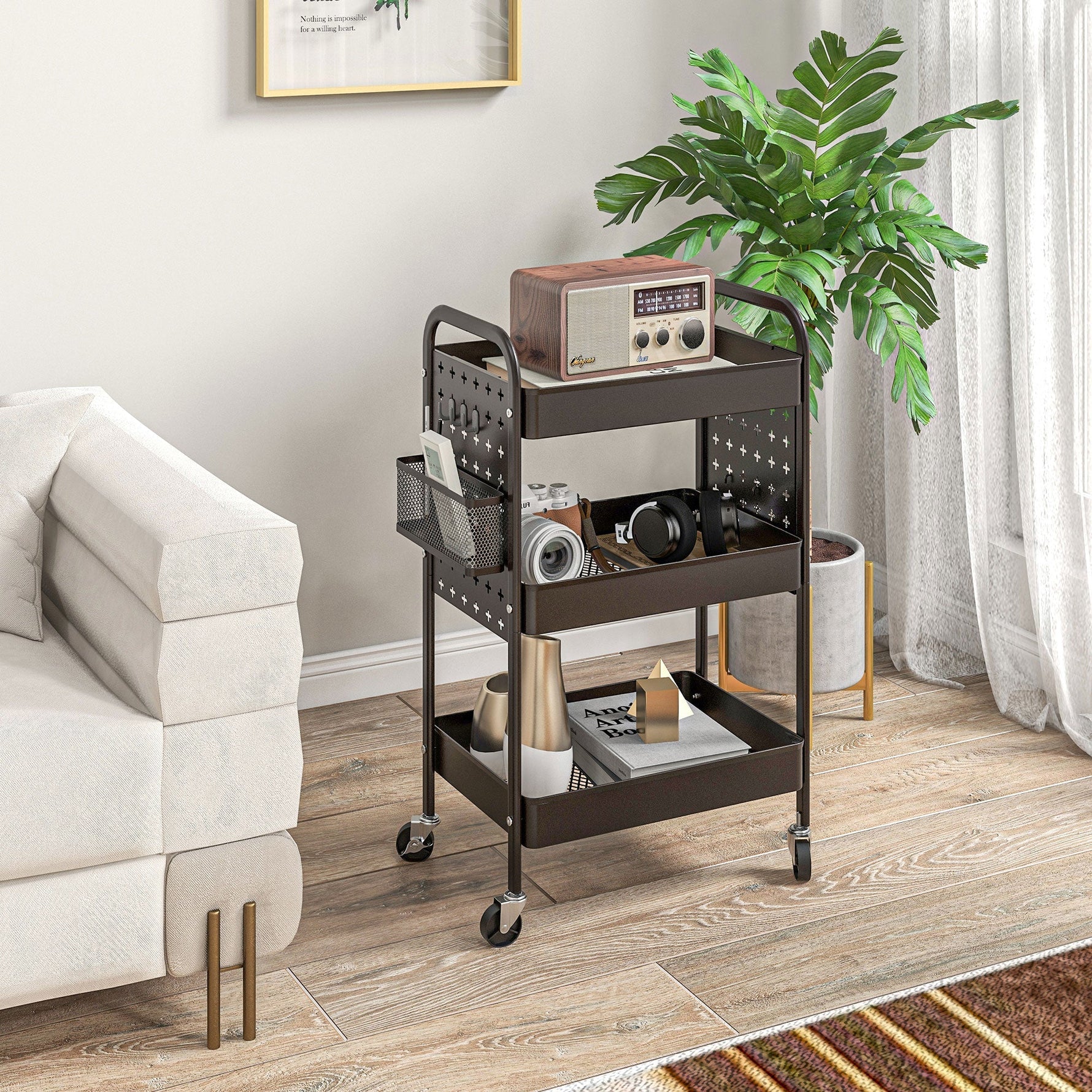 Rolling Serving Cart, 3 Tiers, 2 Hanging Baskets, Kitchen, Steel Black