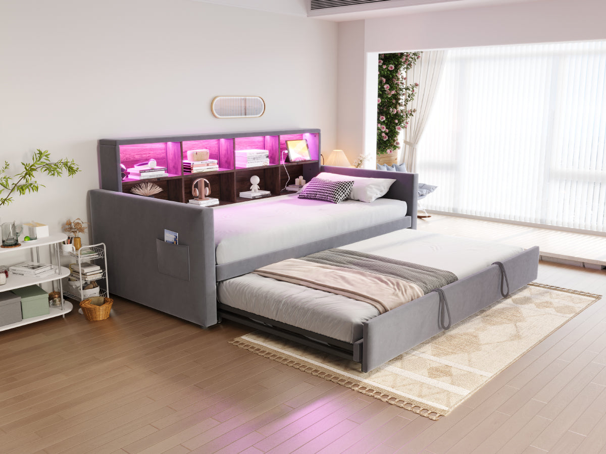 Upholstered Sofa Bed 90x190cm with Storage Headboard, LED Lights and Charging Ports, Dark Grey Velvet