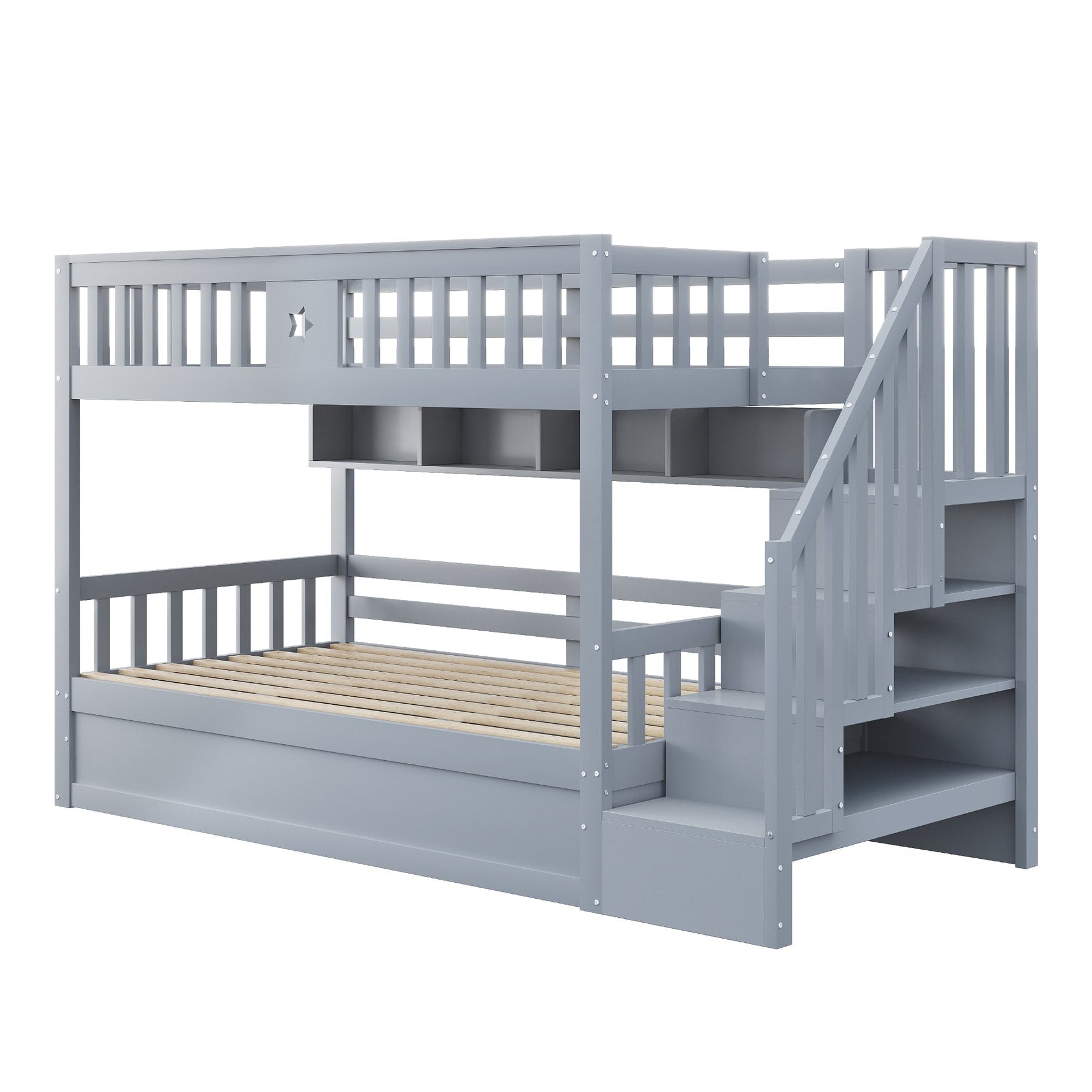 Wooden Bed 90x200cm Hydraulic Storage Stairs Shelves Loft Bunk Youth Bed, Grey