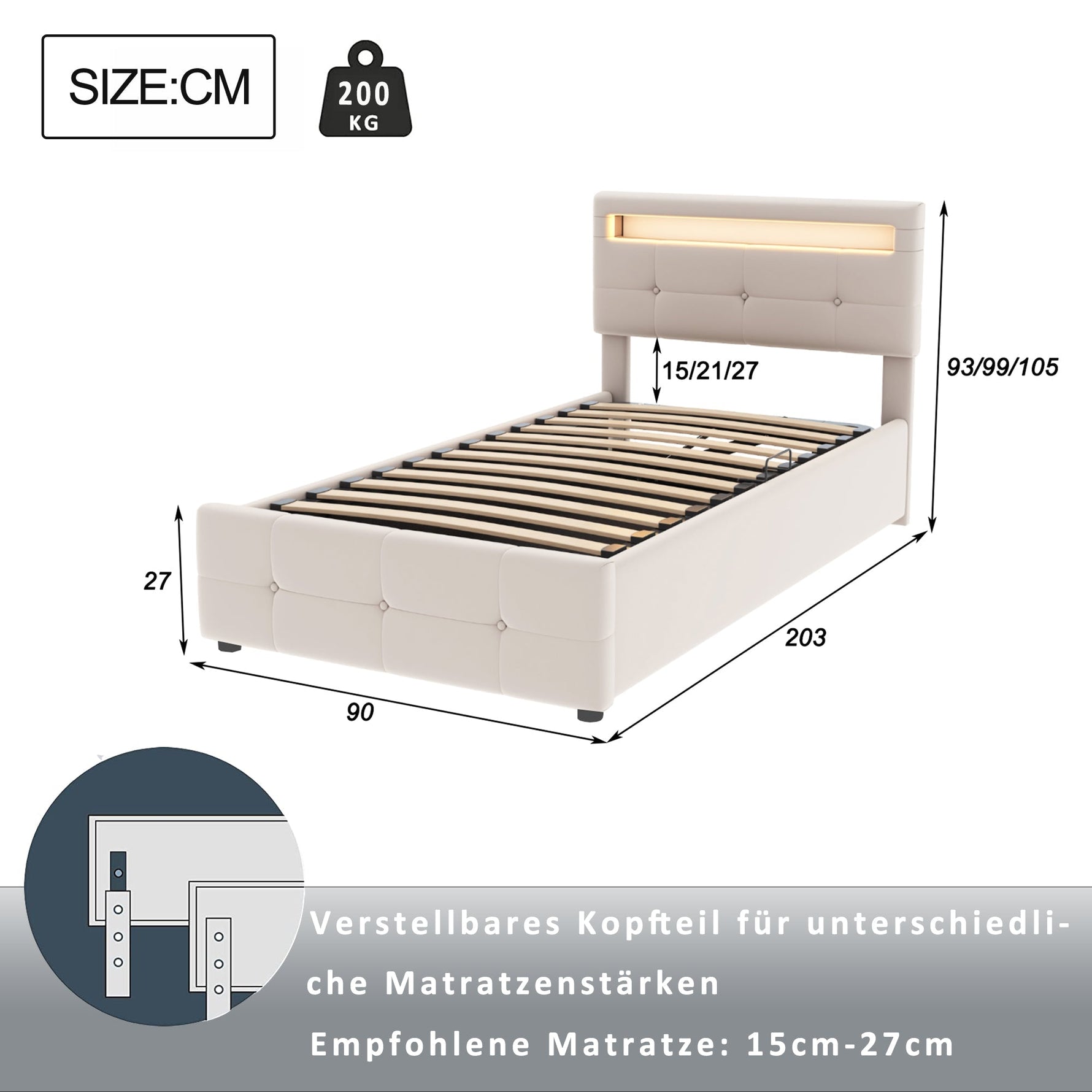 Upholstered Children's Bed with LED Lighting and Hydraulic Storage, Velvet Beige/Grey