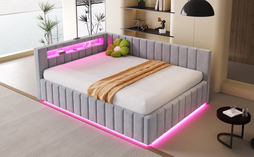 Upholstered Bed/Sofa Bed 140x200 Hydraulic Storage LED/USB Light Grey Velvet Fabric