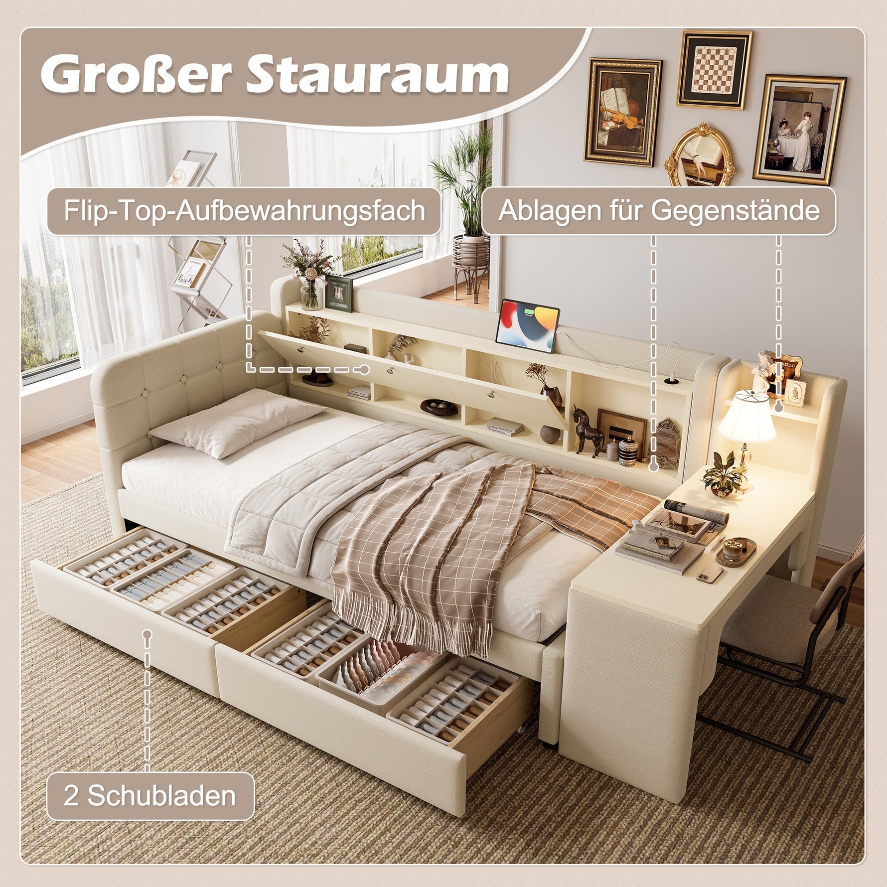 Daybed with Desk and Drawers, USB Ports and Storage, Beige Linen