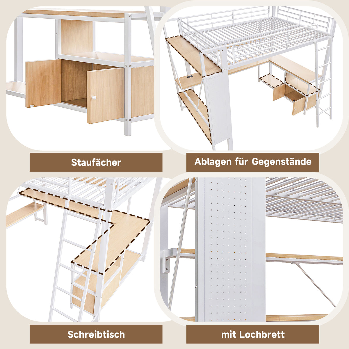 Loft Bed 90x200cm with Desk, LED & USB, White Iron Frame