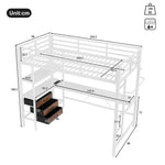 Loft Bed 90x200cm with Desk, LED Lights & Drawers, White