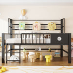 Low Loft Bed with Storage Compartments, 90x200cm, Black Metal