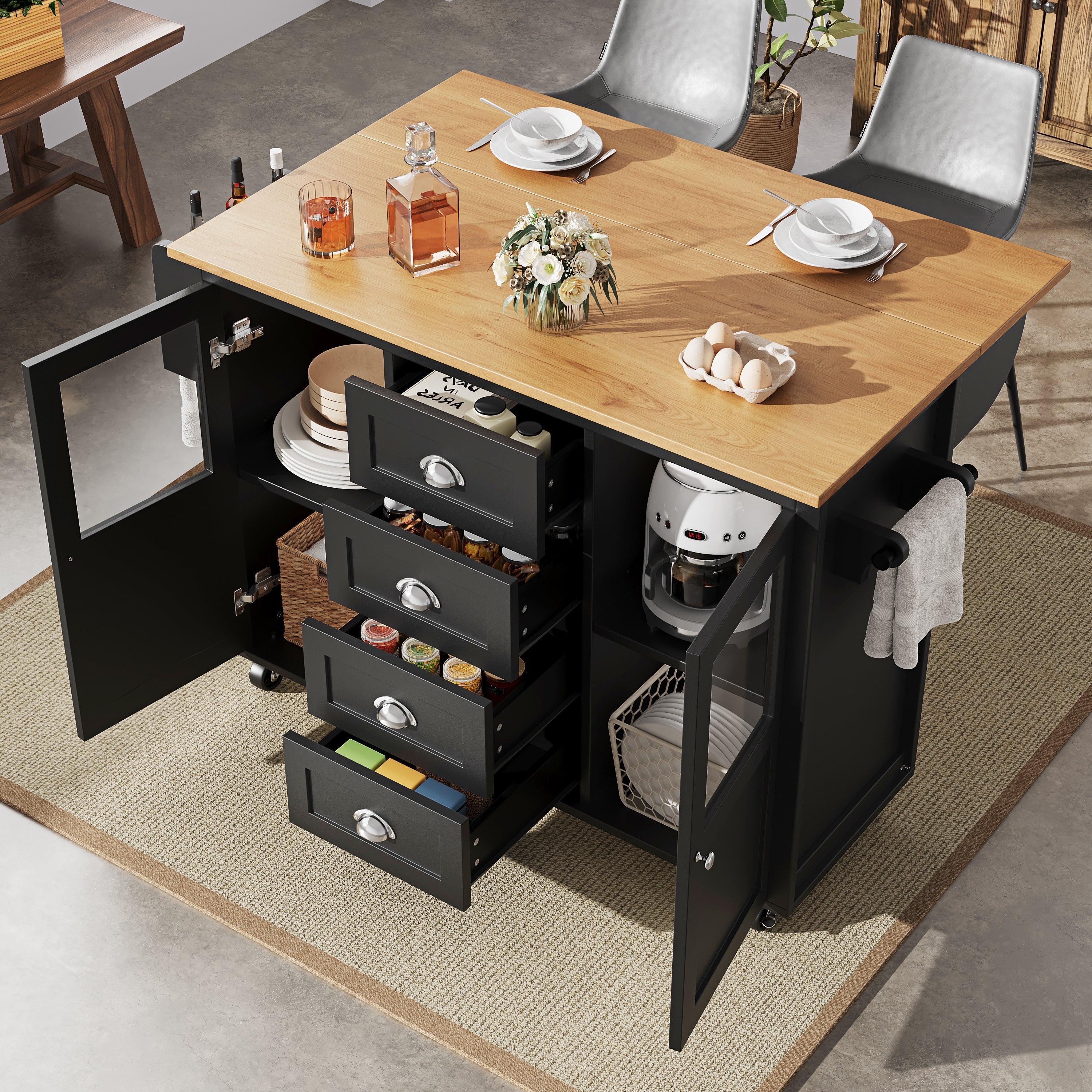Extendable Kitchen Island Mobile Storage Drawers Spice Rack - White/Black