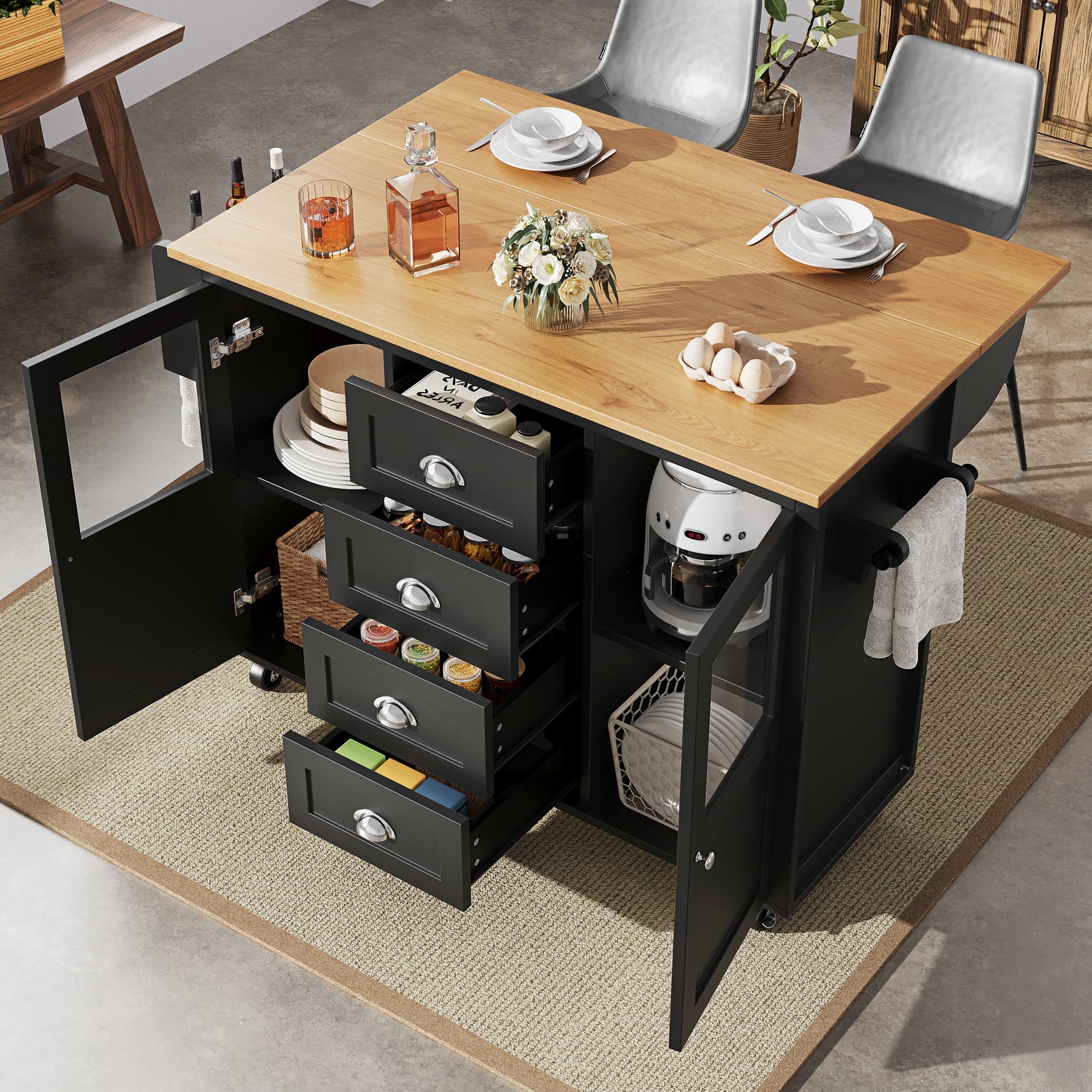 Extendable Kitchen Island Mobile Storage Drawers Spice Rack - White/Black