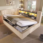 Upholstered Double Bed with LED Lighting, Hydraulic Storage and L-shaped Headboard, 140x200cm, Beige Linen