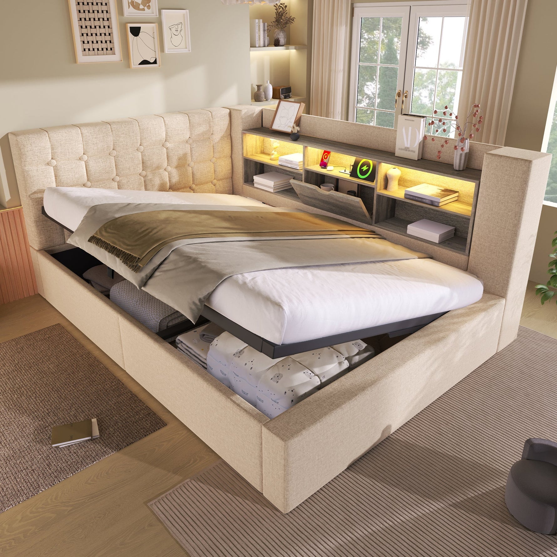 Upholstered Double Bed with LED Lighting, Hydraulic Storage and L-shaped Headboard, 140x200cm, Beige Linen