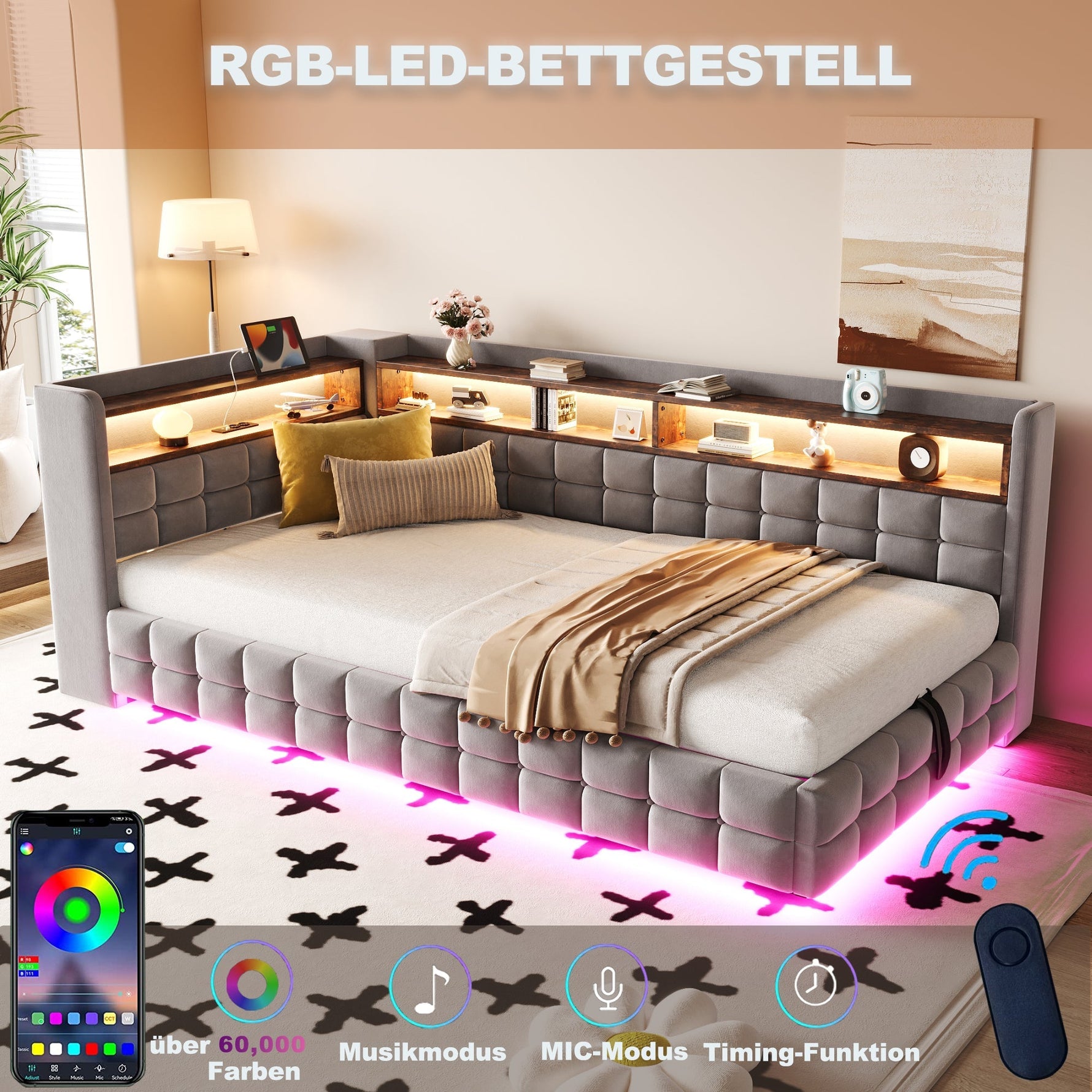 Multifunctional Upholstered Sofa Bed with Hydraulic Storage, LED and USB Ports, Light Grey Velvet