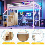 Loft Bed 140x200cm with Storage & Wardrobe in White Metal