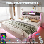 Upholstered Bed, 160*200 LED, USB, Storage, Floating, Linen Fabric, Beige