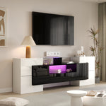 TV Cabinet Low Panel 200 cm LED Lighting High-Gloss White/Black with Glass Surface