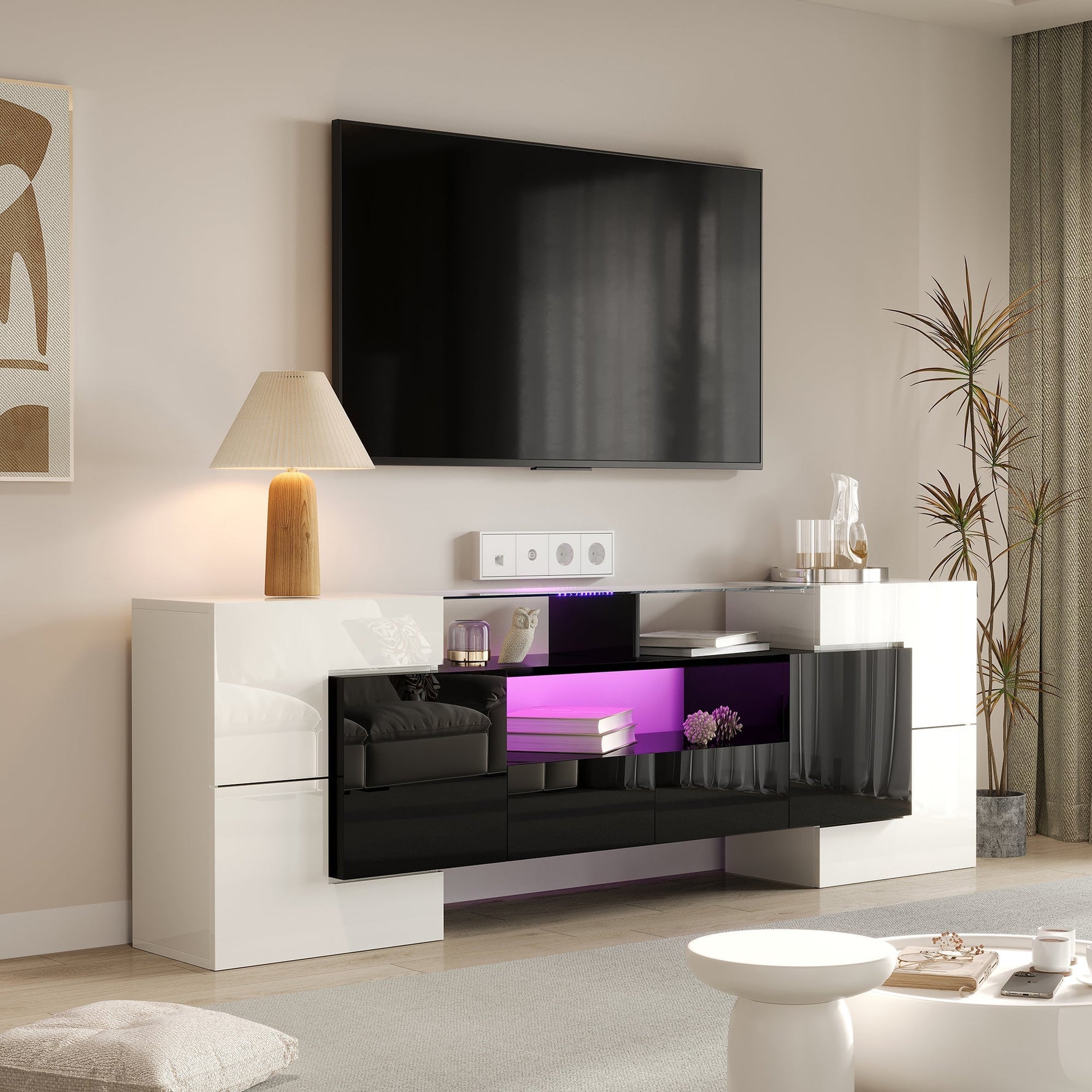 TV Cabinet Low Panel 200 cm LED Lighting High-Gloss White/Black with Glass Surface