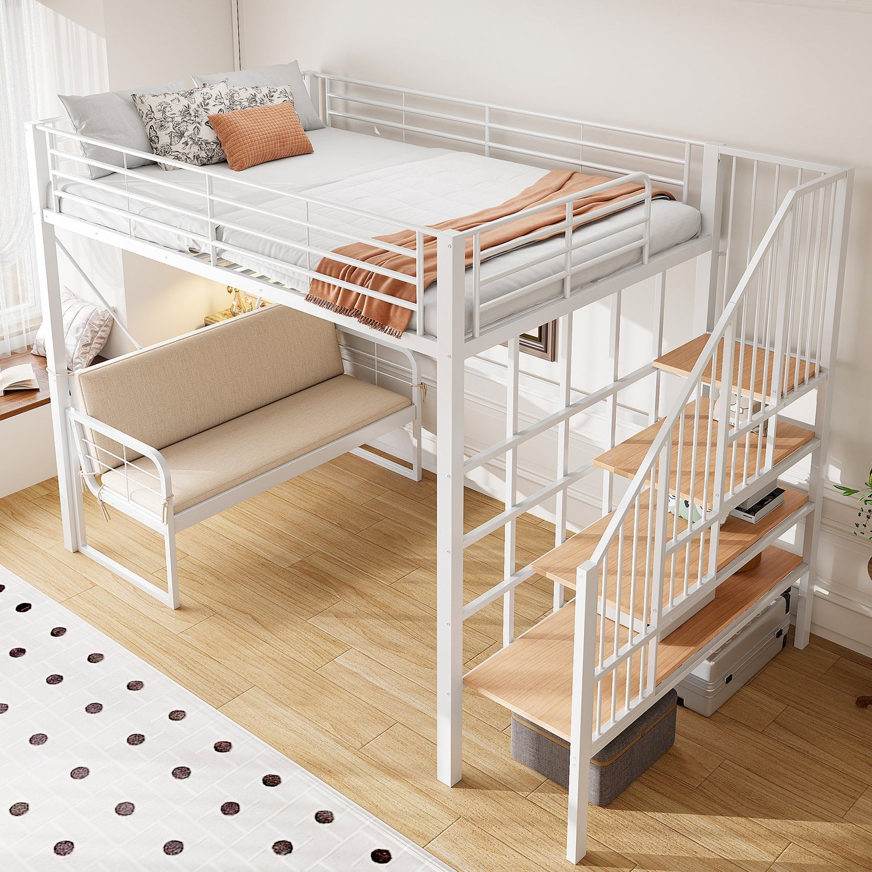 Bunk Bed with Removable Sofa, Storage and Safety Stairs, 140x200cm, White Metal