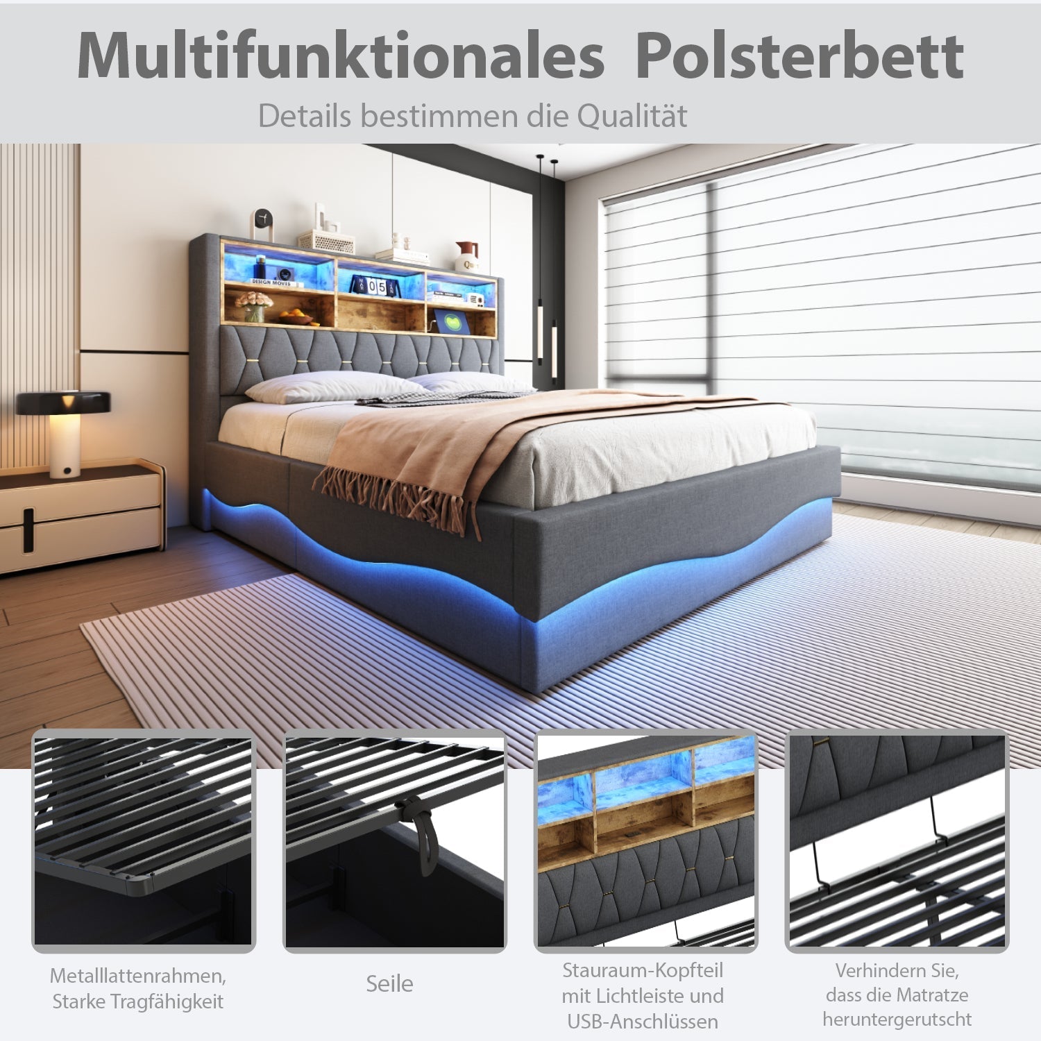 Upholstered Bed 180x200 Hydraulic Storage LED/USB Slatted Frame Linen Grey