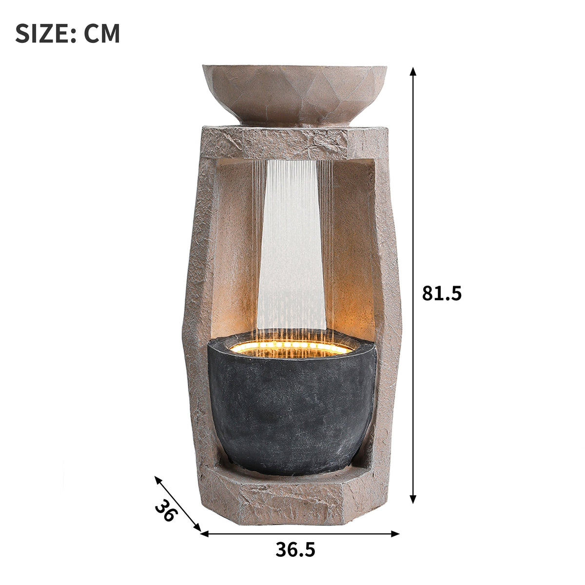 Garden Fountain with LED Lighting, Water Pump and Decorative Basin, Artificial Stone Beige