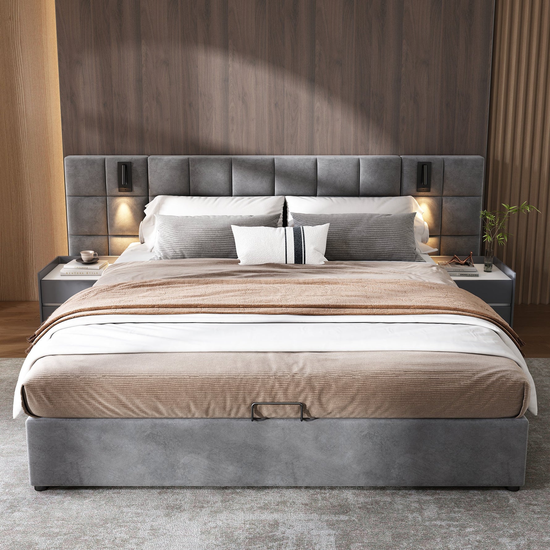 Upholstered Bed 160x200cm Hydraulic Storage Lamp USB - Velvet Grey