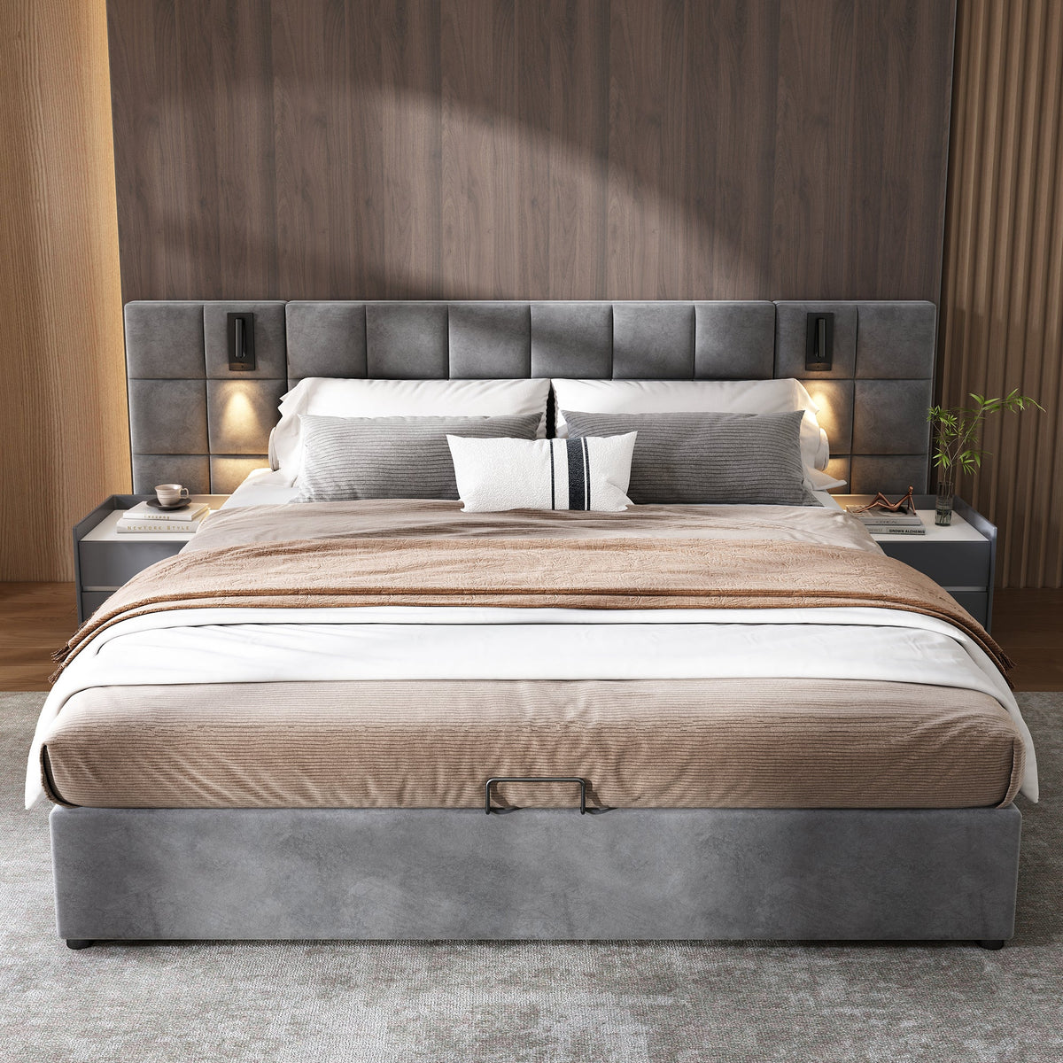 Upholstered Bed with Hydraulic Storage, Lamp and USB Charging, 180x200cm, Grey Velvet