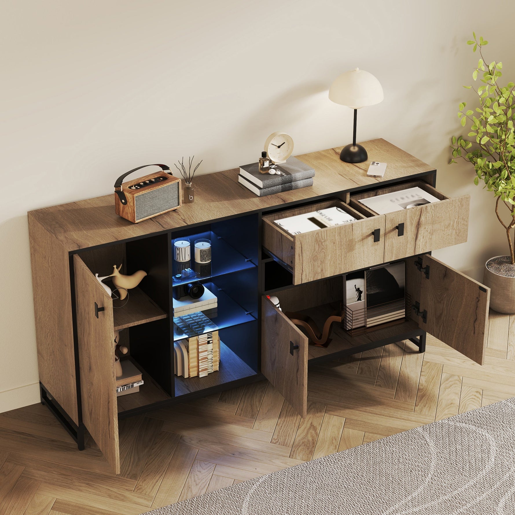 Modern Minimalist Storage Cabinet with Double Doors, Open Shelving and Glass Shelves, Wood and Metal
