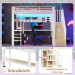 Loft Bed 90x200cm with Desk, Drawer & LED - White Metal