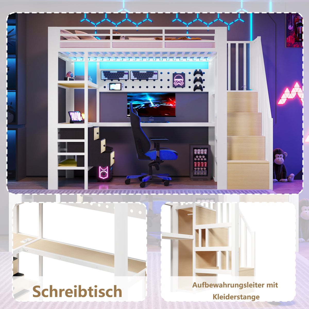 Loft Bed 90x200cm with Desk, Drawer & LED - White Metal