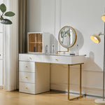 Dressing table set with LED-illuminated mirror, transparent tempered glass tabletop, side cabinet, white