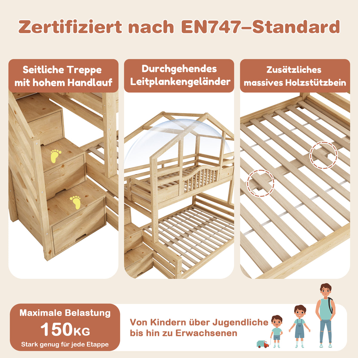 Children's Bunk House Bed 90x200/140x200 with Storage, Natural Wood