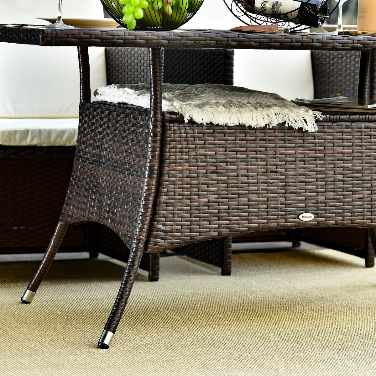 Dining Table, Poryrattan Glass 150x85x74cm Safety Glass, Brown/Black