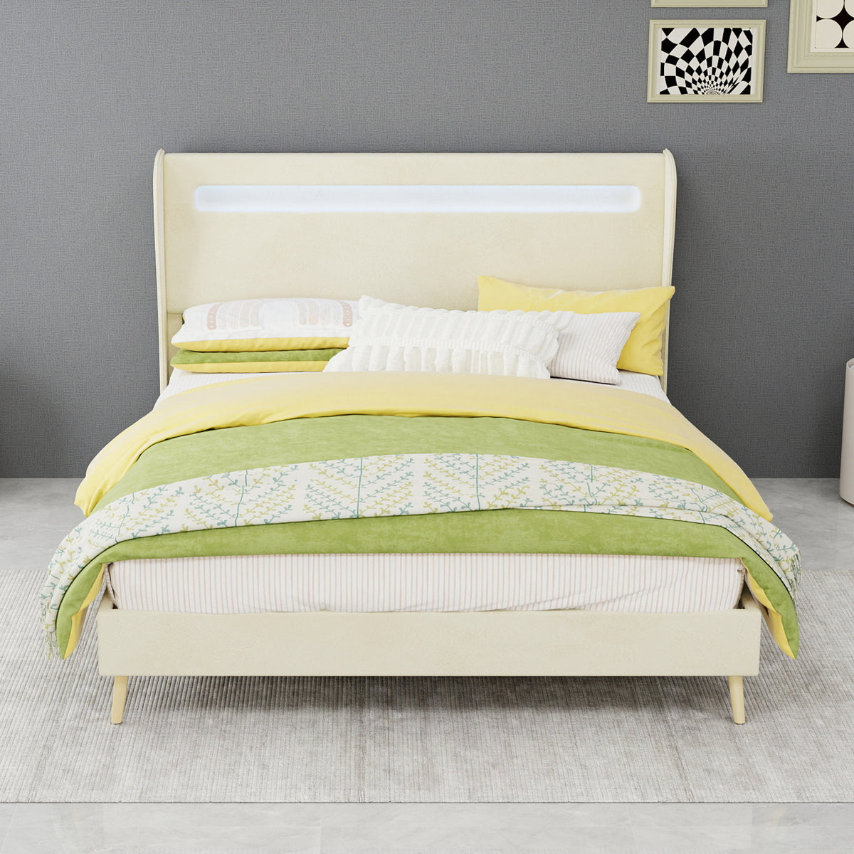Upholstered Bed with LED Headboard & Mattress 140x200 cm, Beige