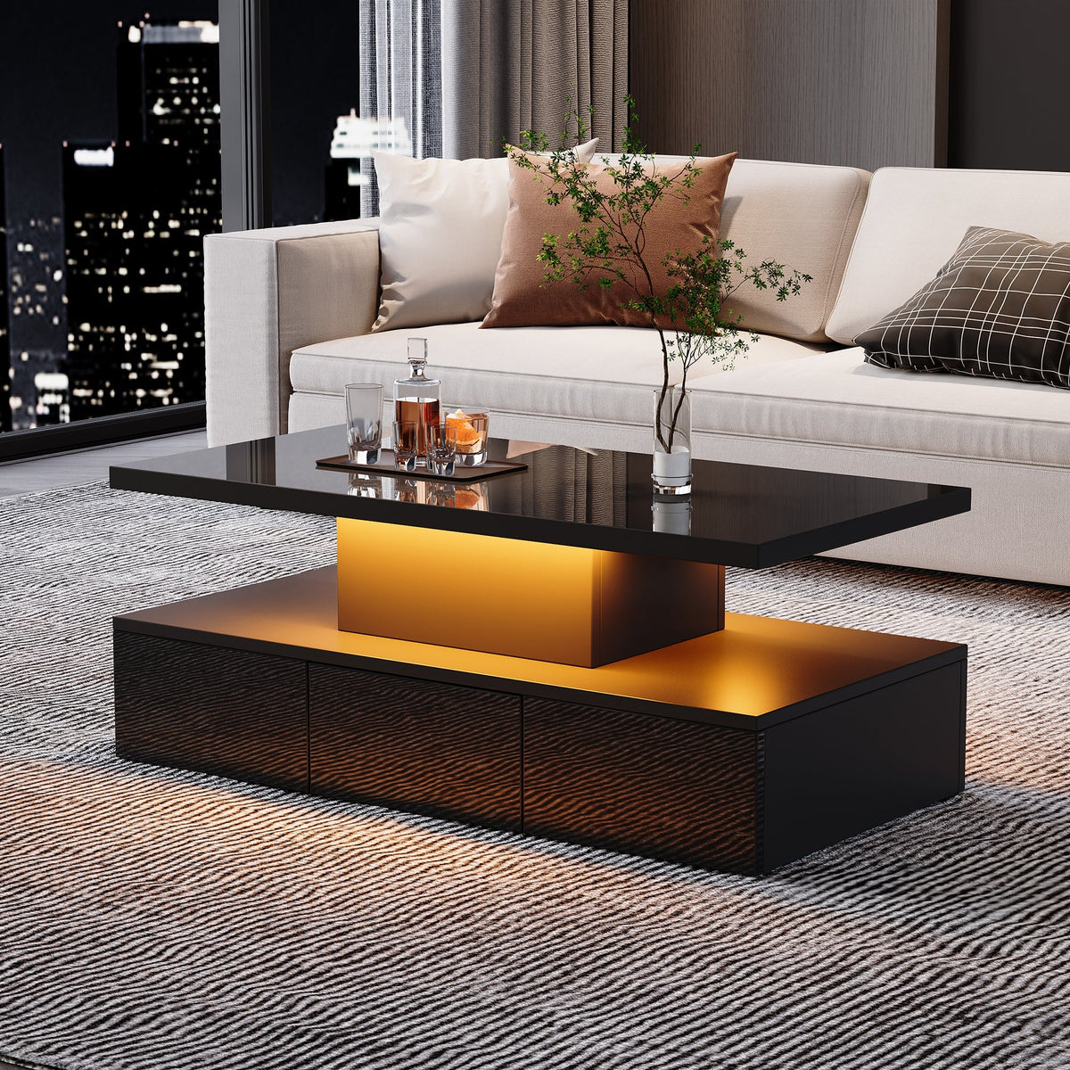 Two-tier Coffee Table 16-Color LED Light High-Gloss Storage Black