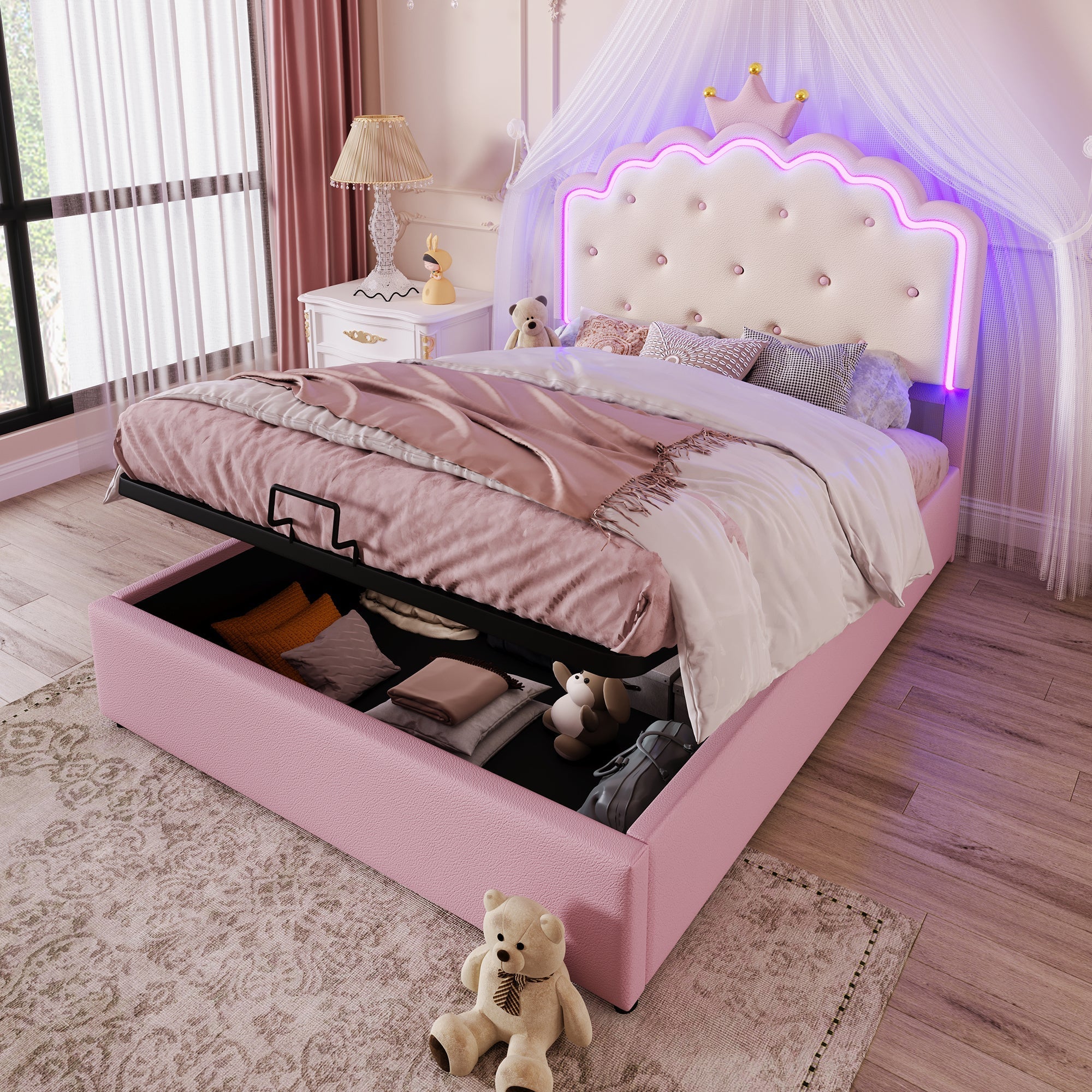 Upholstered Bed with LED Lighting and Hydraulic Storage, 140 x 200 cm, Pink PU