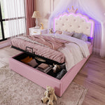 Upholstered Bed with LED Lighting and Hydraulic Storage, 140 x 200 cm, Pink PU