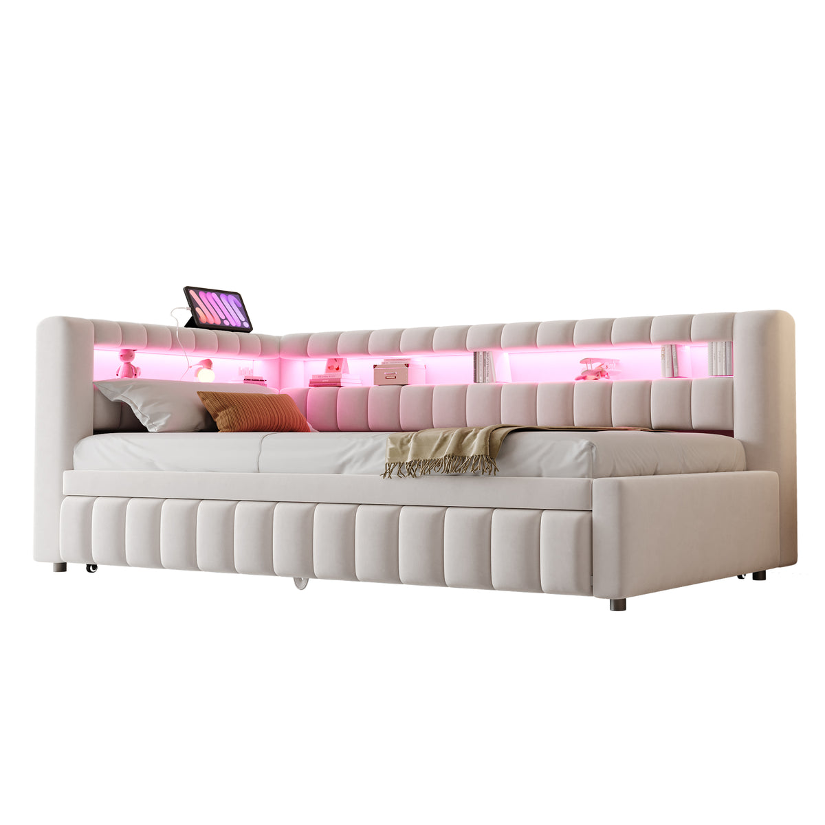 Extendable Sofa Bed 90x200cm with LED & USB, Beige Velvet