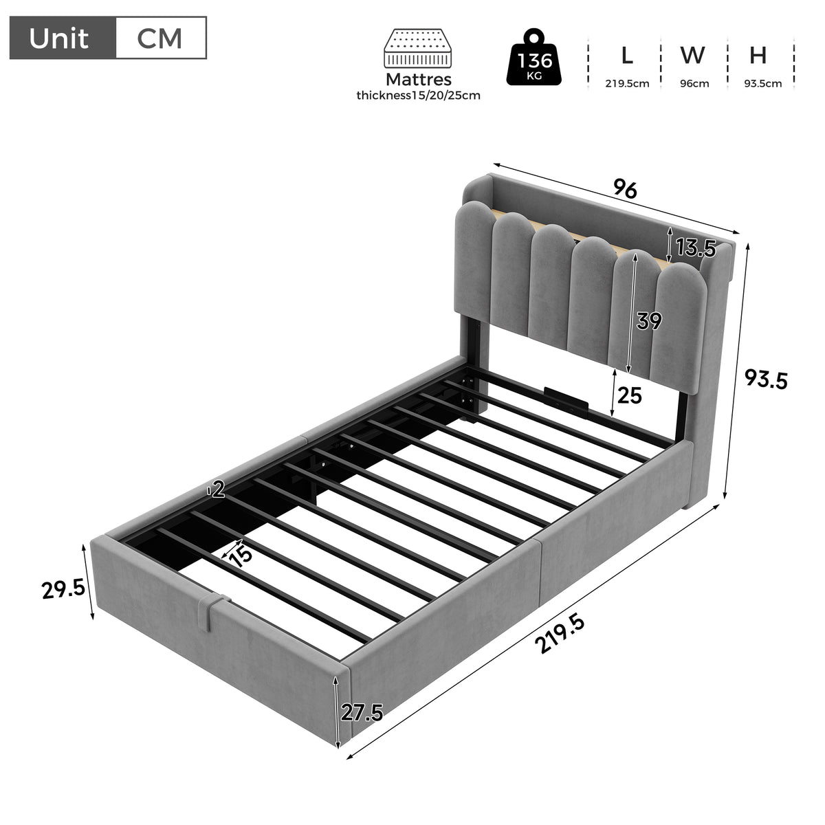 Upholstered Bed 90x200cm with Storage & USB, Grey Velvet