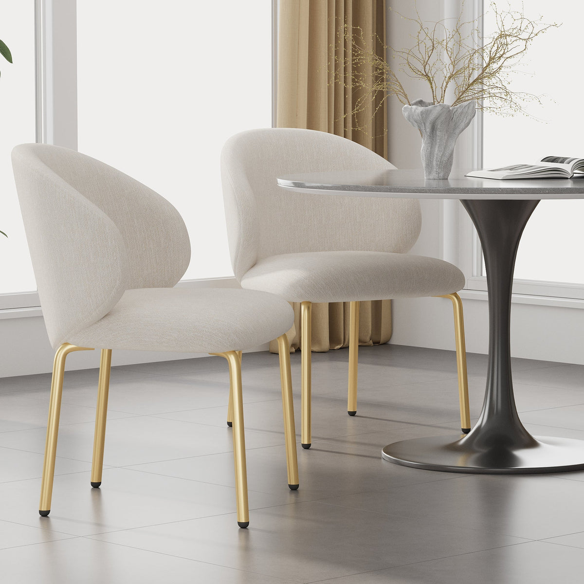 Dining Chairs Set of 2 with Gold Legs, Beige Chenille