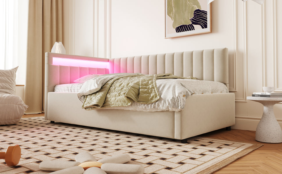 Upholstered Sofa Bed 90x200 with LED & Storage, Velvet, Beige