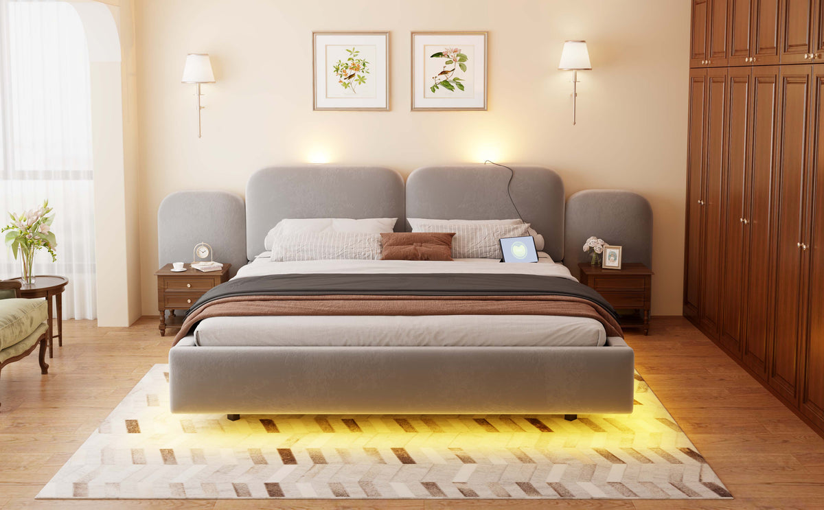 Upholstered Bed 180x200cm with Storage & LED, Grey Velvet