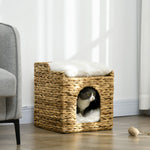 Rattan Cat Cave 2-Level Cushion, Water Hyacinth Brown