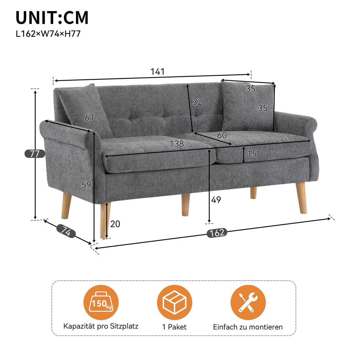 Sofa, Double Upholstered with Thick Cushions, Chenille Fabric