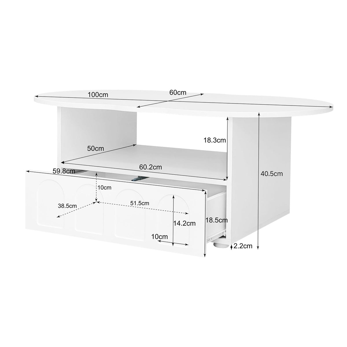 Coffee table, cloud-shaped with drawers and storage compartments
