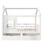 House Bed 90x200 with Fall Protection & Window, Solid Wood White