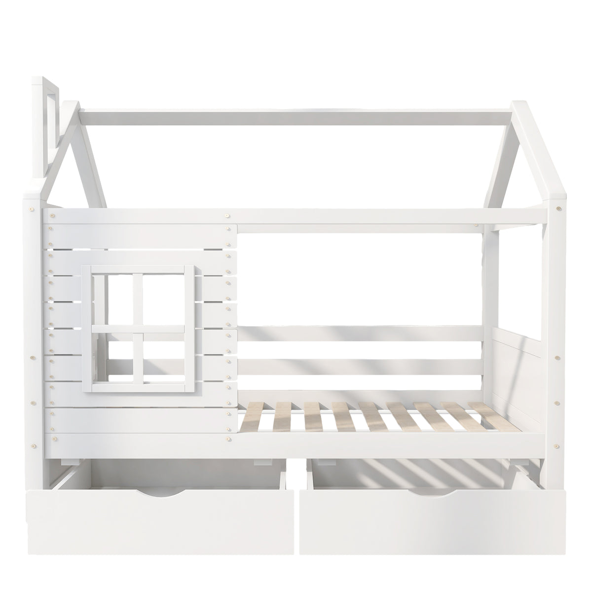 House Bed 90x200 with Fall Protection & Window, Solid Wood White