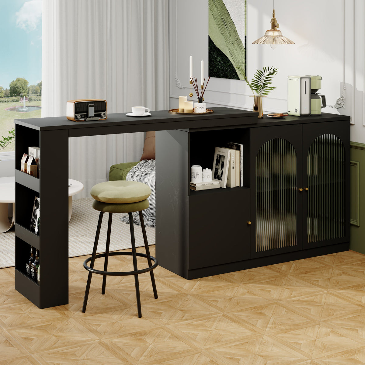 360° Rotating Bar Table, Multifunctional Dining & Bar Cabinet, Glass Door Storage, Black