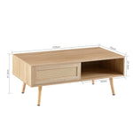 Wicker Coffee Table Sliding Doors Solid Wood Legs - Natural Color