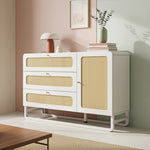 Chest of Drawers with Rattan & Gold Handles, 3 Drawers 1 Door, White Country Style